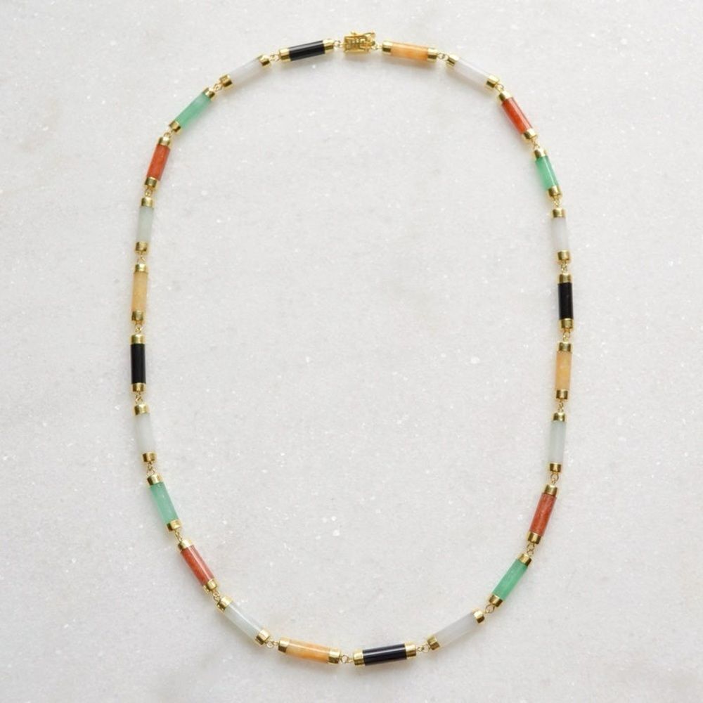 18.5" Vintage Multi-color Jadeite Jade and 14k Yellow Gold Link Necklace!